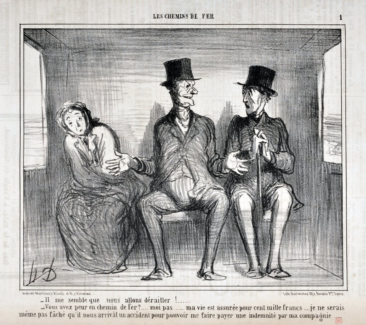 Konstverk av Honore Daumier (1808-1879). Charivari är från 1857: Serie LES RAILWAYS “” Det verkar för mig att vi kommer spåra ur!... Är du rädd på järnvägen?... jag inte... mitt liv är försäkrat för hundra tusen franc... Jag vill inte ens oroa dig av Honoré Daumier