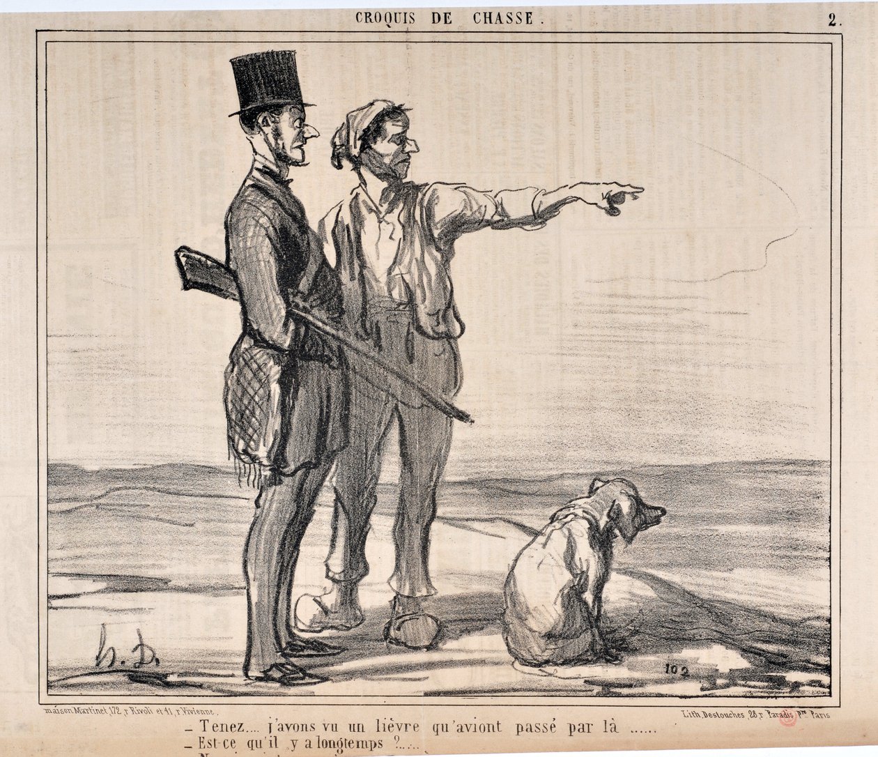 Konstverk av Honore Daumier (1808-1879) Charivari är från 1857: Serie sketches de chasseur "" Håll ut... Jag såg en hamn som hade vid... - Är det så länge?..."" MUSEUM OF FINE ARTS - PALACE LONGCHAMP, MARSEILLE av Honoré Daumier