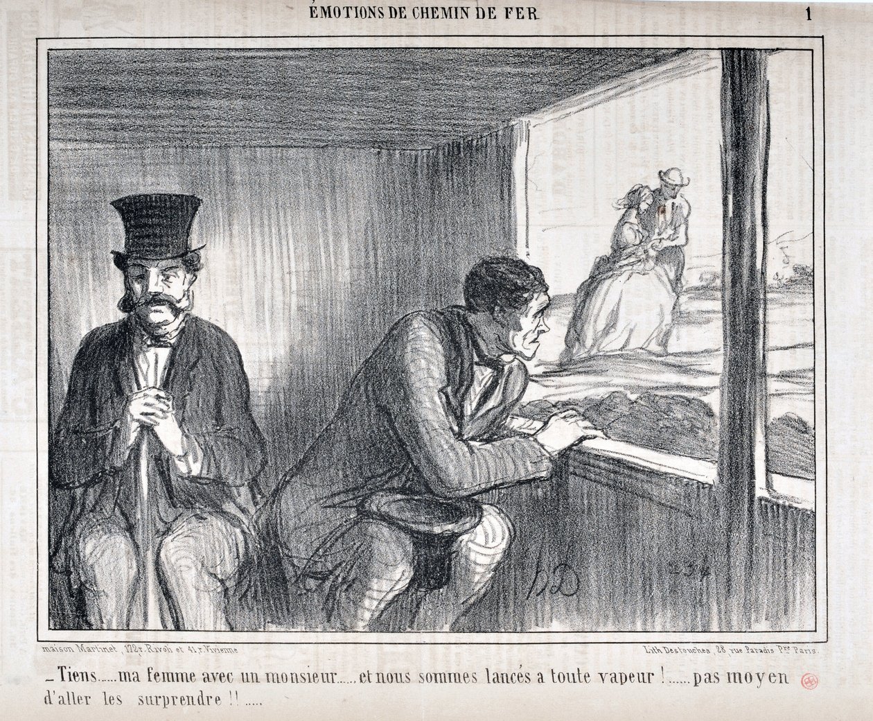 Konstverk av Honore Daumier (1808-1879) Charivari är från 1858: Serie EMOTIONS EN Chemin de fer - "Här... min fru med en gentleman... och vi går för fullt!... ingen möjlighet att överraska dem!!...” MUSEET FÖR FINA KONST - PALACE LONGCHAMP, MARS av Honoré Daumier
