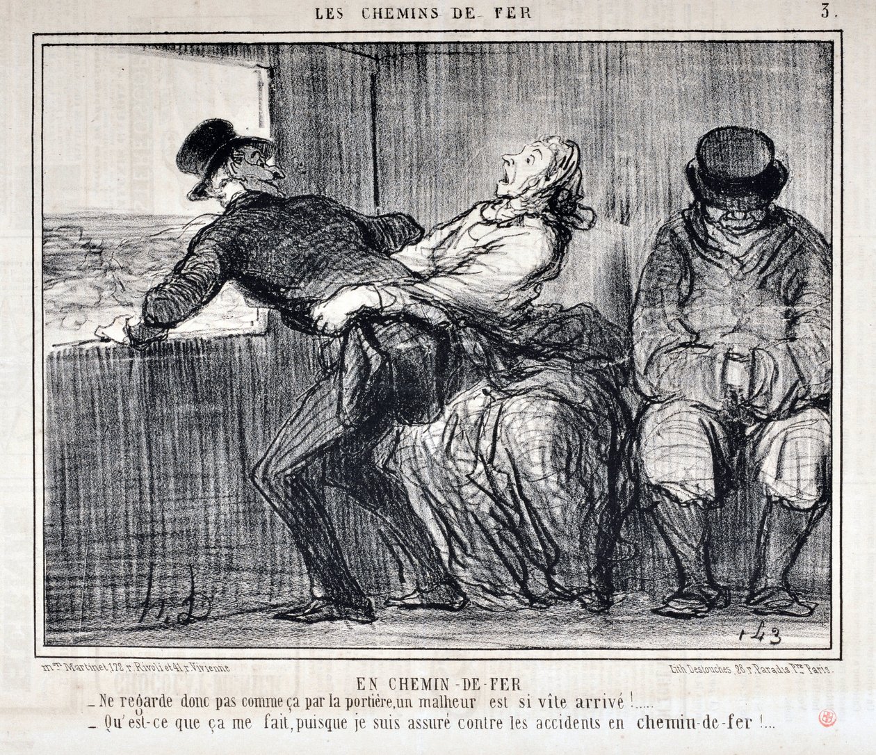 Konstverk av Honore Daumier (1808-1879). Charivari är från 1858: Serie LES RAILWAYS By Railroad “” -Så se inte ut så där genom dörren, en olycka kommer så snabbt!... “Vad spelar det för roll för mig, eftersom jag är försäkrad mot olyckor på järnväg av Honoré Daumier