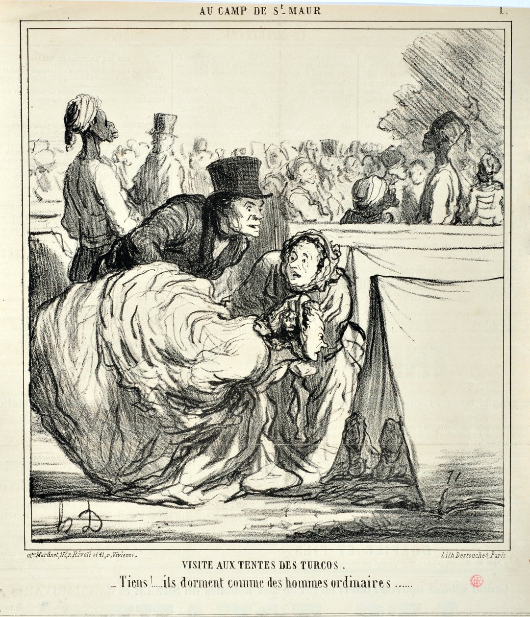 Konstverk av Honore Daumier (1808-1879) Charivari är från 1859: Serie AU CAMP DE SAINT MAUR Besök i turkosernas tält. "" -Här!... de sover som vanliga män..." KONSTMUSEET - PALACE LONGCHAMP, MARSEILLE av Honoré Daumier