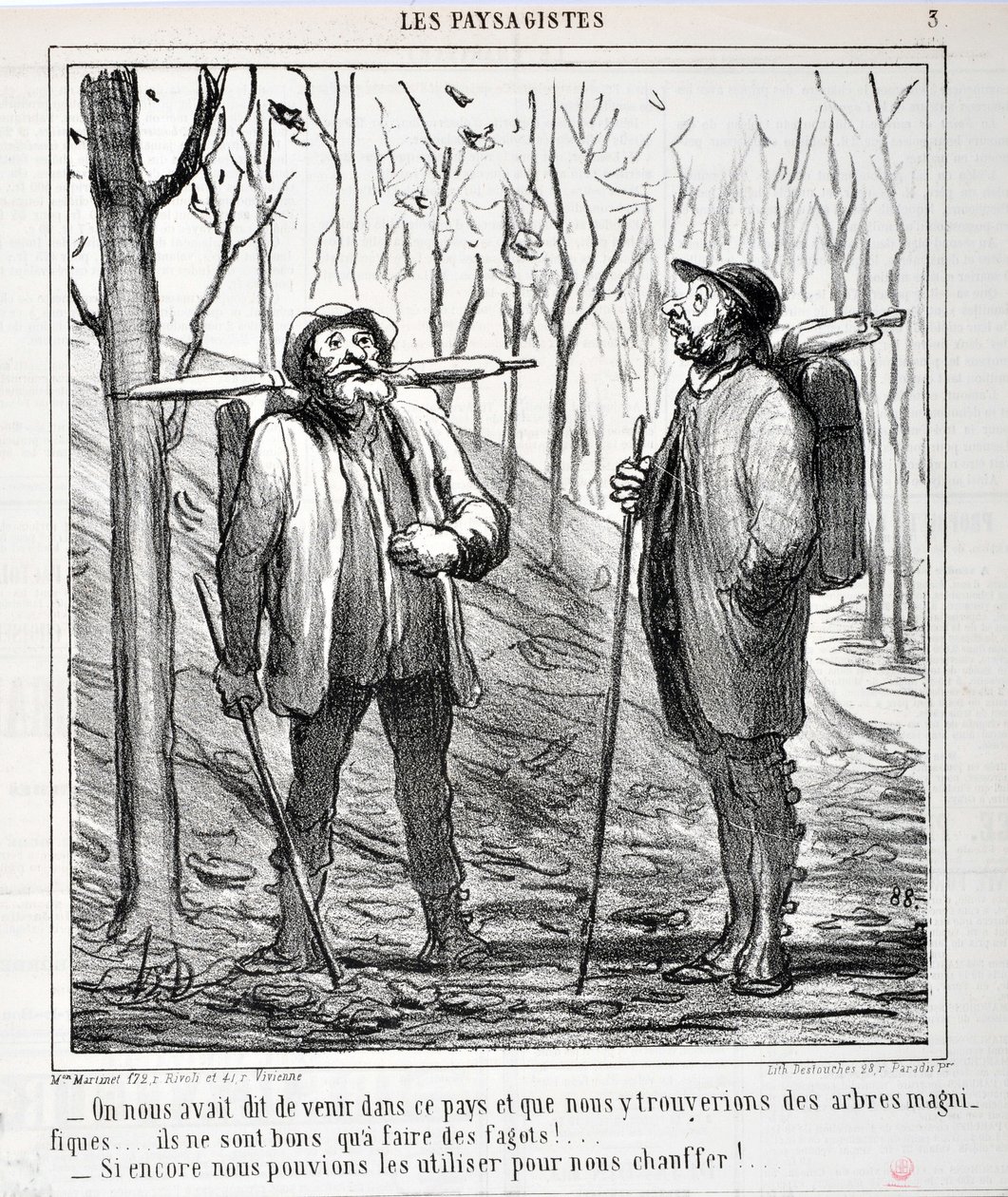 Konstverk av Honore Daumier (1808-1879). Charivari är från 1864: Serie LES LANDSAGISTS "" - Vi blev tillsagda att komma till detta land och att vi skulle hitta vackra träd... de är bra att göra bögar!... "Om vi kunde använda dem för att värma oss!. ..” FIN av Honoré Daumier