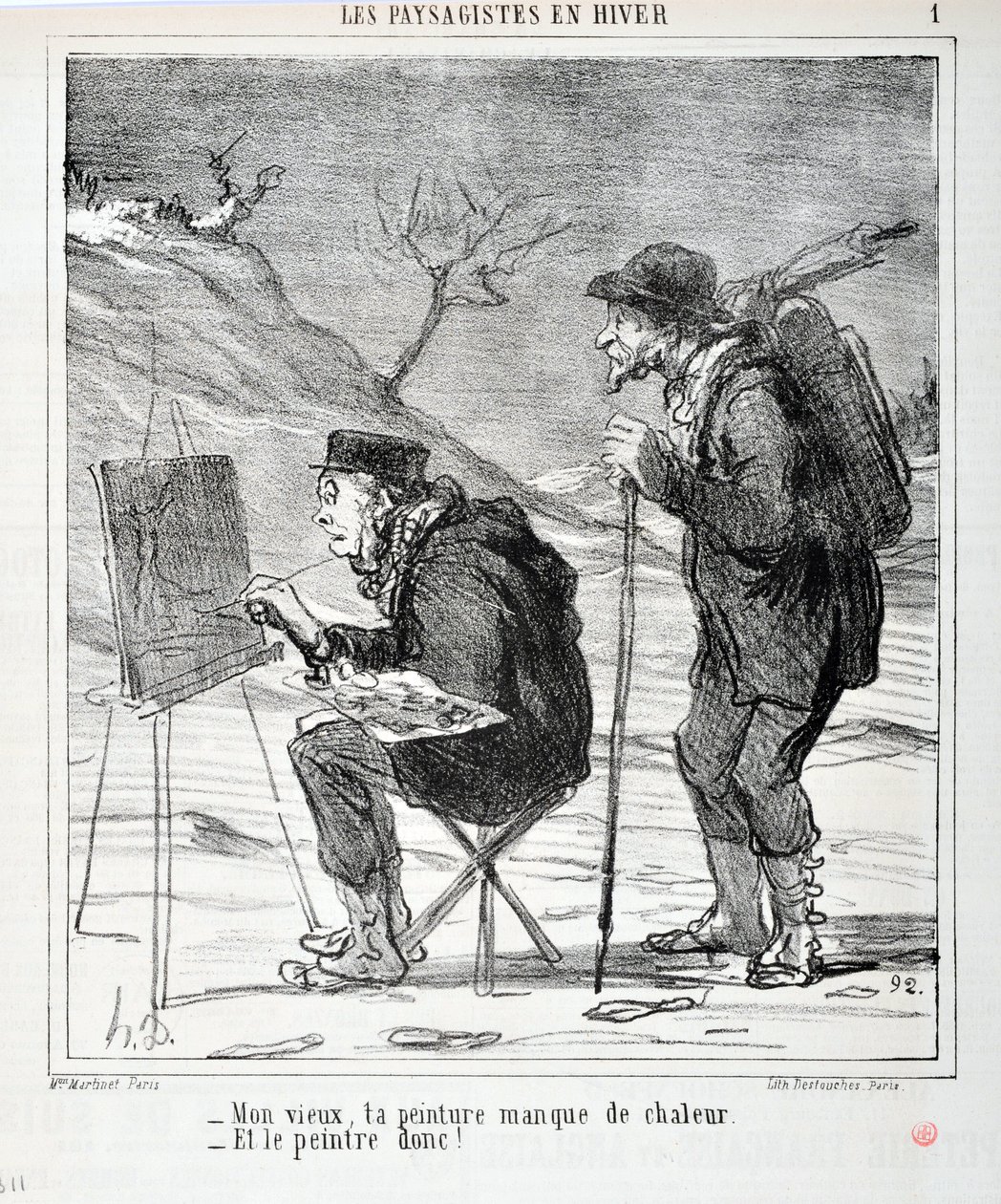 Konstverk av Honore Daumier (1808-1879). Charivari är från 1864: Serie LES LANDSAGISTS IN WINTER “” - Min gamle man, din tavla saknar värme - Och målaren så! "" MUSEET FÖR FINA KONST - PALACE LONGCHAMP, MARSEILLE av Honoré Daumier