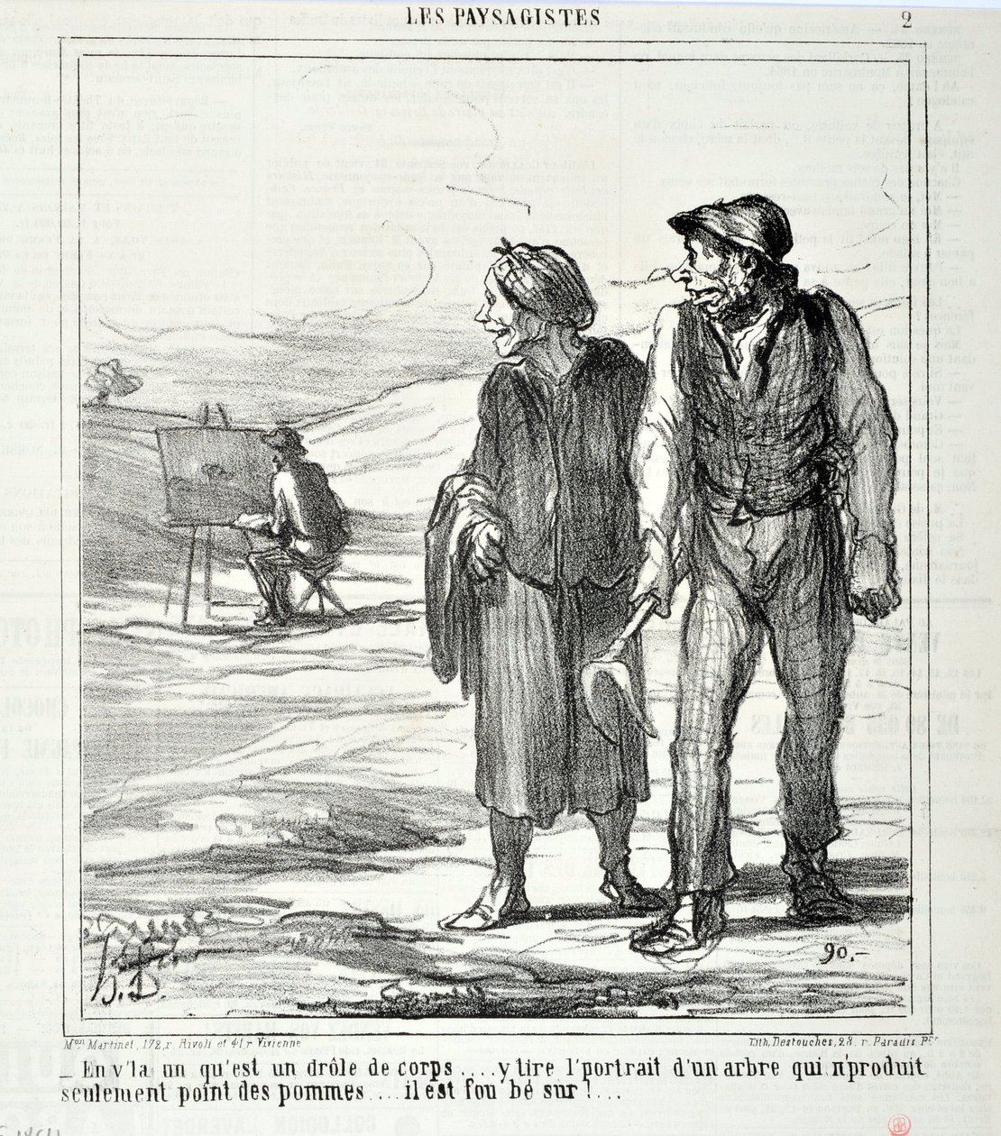 Konstverk av Honore Daumier (1808-1879). Charivari är från 1864: Serie LES LANDSAGISTS "" - I den här som är en rolig kropp... ritar ett porträtt av ett träd som inte bara producerar äpplen... han är galen i!..." KONSTMUSEET - PALACE LONGCHAMP, av Honoré Daumier