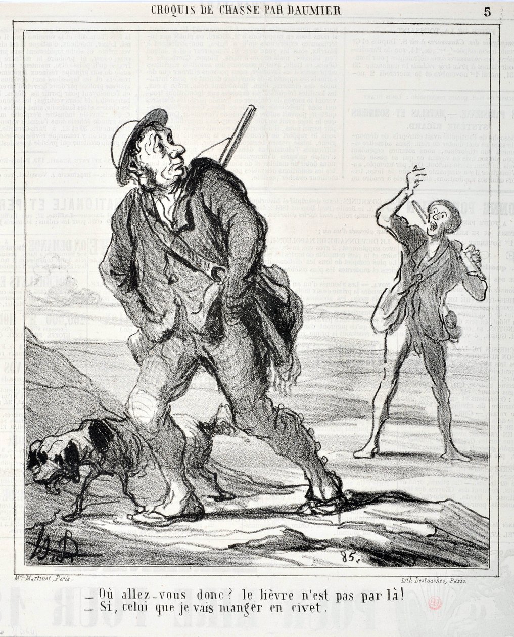 Konstverk av Honore Daumier (1808-1879) Charivari är från 1864: Serie Sketch de Chasse "Ou va donc? Haren är inte färdig där! - Om den jag ska äta i civet" MUSEE DES BEAUX ARTS - PALAIS LONGCHAMP, MARSEILLE av Honoré Daumier