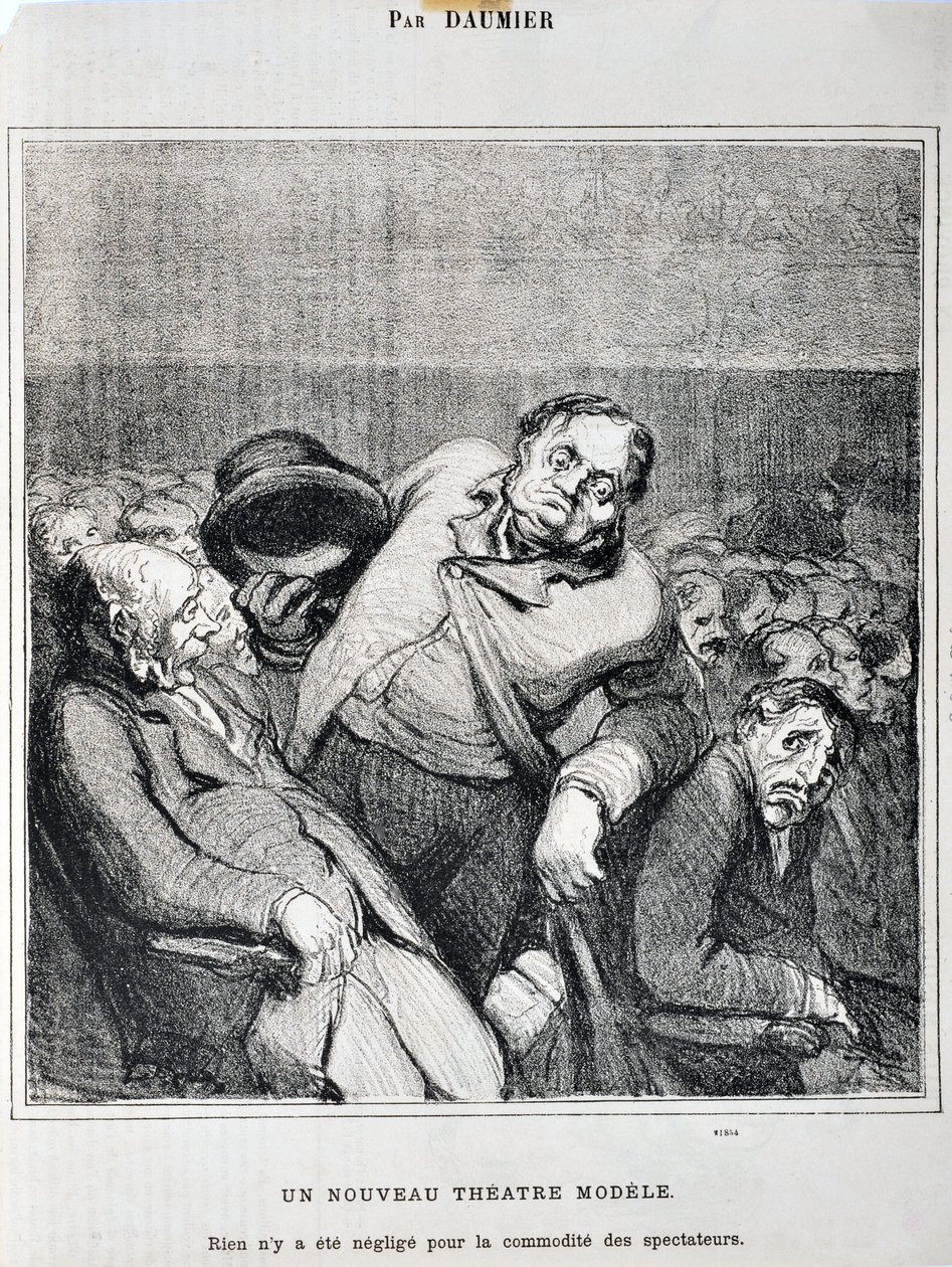 Konstverk av Honore Daumier (1808-1879). Charivari är från 1864: Serieskisser tagna på teatern En ny teatermodell. "Ingenting har försummats för åskådarnas bekvämlighet"" MUSEE DES BEAUX ARTS - PALAIS LONGCHAMP, MARSEILLE av Honoré Daumier