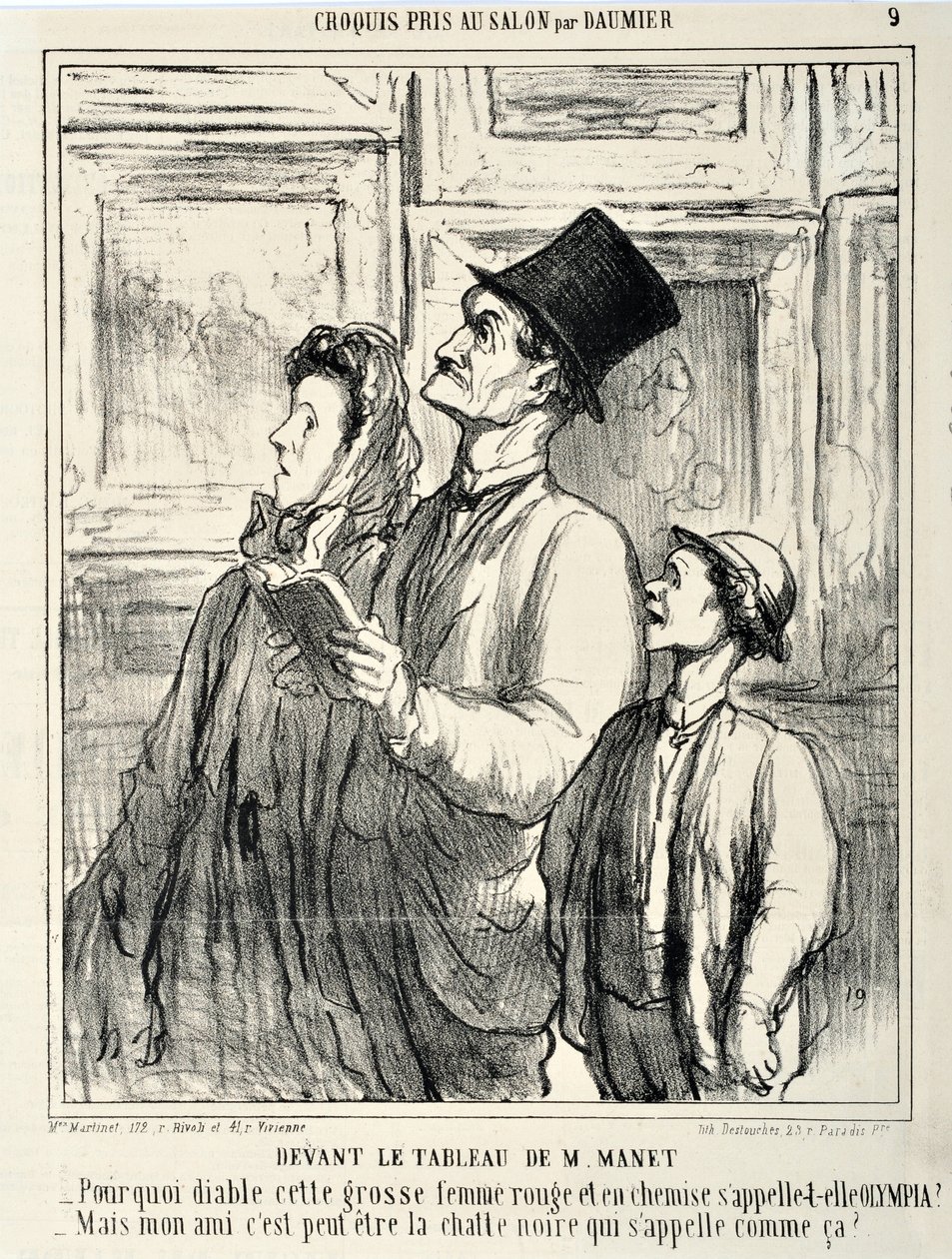 Konstverk av Honore Daumier (1808-1879) Charivari är från 1865: Serie CRUQUIS PAUIT I SALONGEN Framför en målning av Manet "" -Varför i helvete heter den här stora röda kvinnan i en skjorta Olympia? – Men min vän kanske är den svarta katten som heter så? M av Honoré Daumier