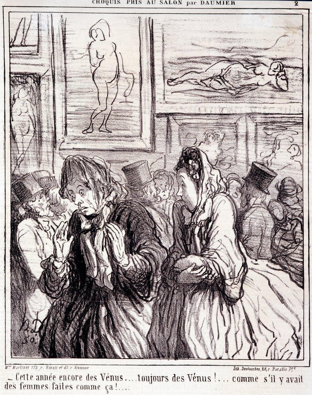 Konstverk av Honore Daumier (1808-1879). Charivari är från 1865: Serieskisser tagna på salongen- "" I år igen Venus... alltid Venus!... som om det fanns kvinnor gjorda så!" Utdrag ur tidningen "" Le Charivari"" Mått: 28x28cm. Inv av Honoré Daumier