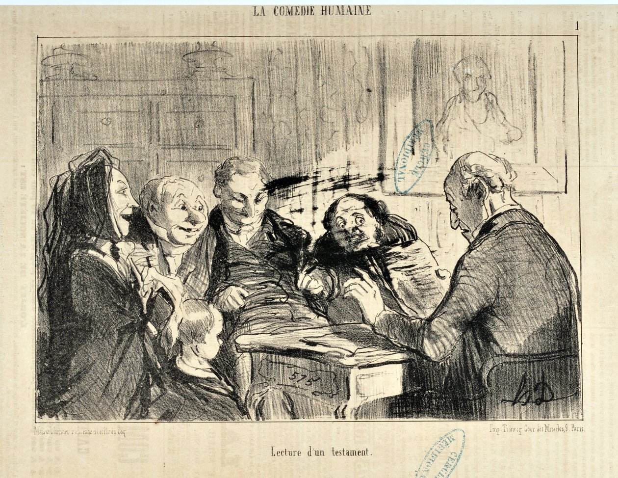 Konstverk av Honore Daumier (1808-1879). I "" Le Charivari "" av den 20 december 1853: Serie LA COMEDIE HUMAN "" Läsning av ett testamente "" "MUSEUM OF Fine ART - PALAIS LONGCHAMP, MARSEILLE av Honoré Daumier