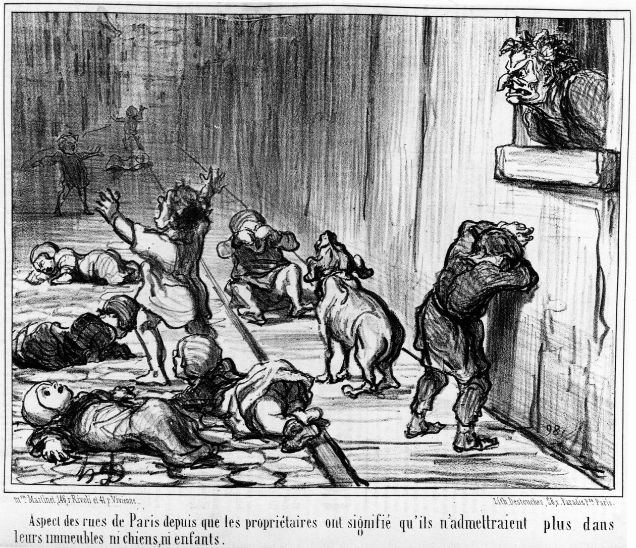 Aspekt av gatorna i Paris sedan ägarna sagt att de inte längre skulle släppa in varken hundar eller barn i sina byggnader, hämtat från "Tenants et Proprietaires", en serie karikatyrer av Honore Daumier (1808-1879). "Charivari" av Honoré Daumier