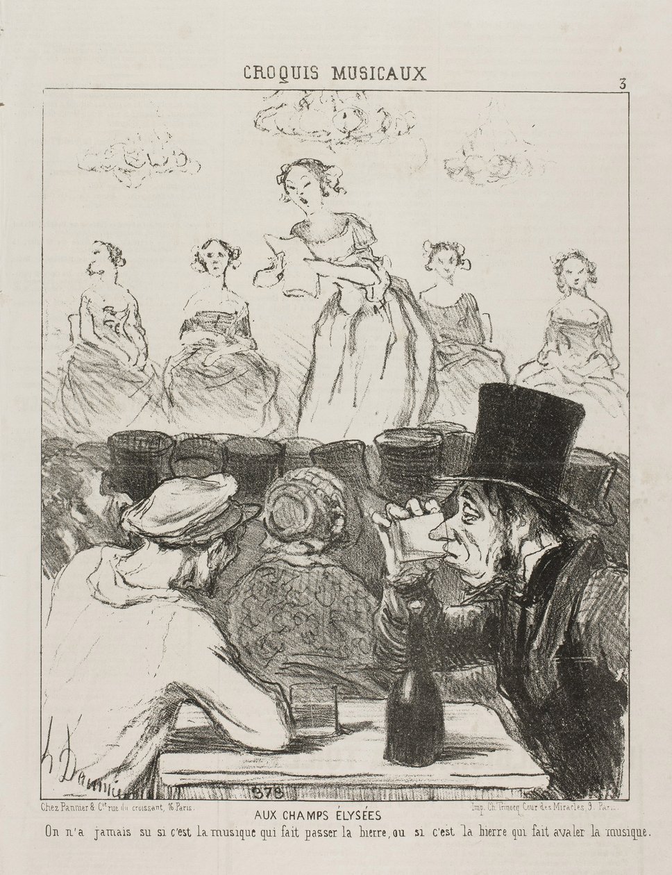 På Champs-Elysées har det aldrig varit helt klart om musiken får ölet att gå ner, eller ölet som får dig att svälja musiken, tallrik 3 från Croquis Musicaux, 1852 av Honoré Daumier