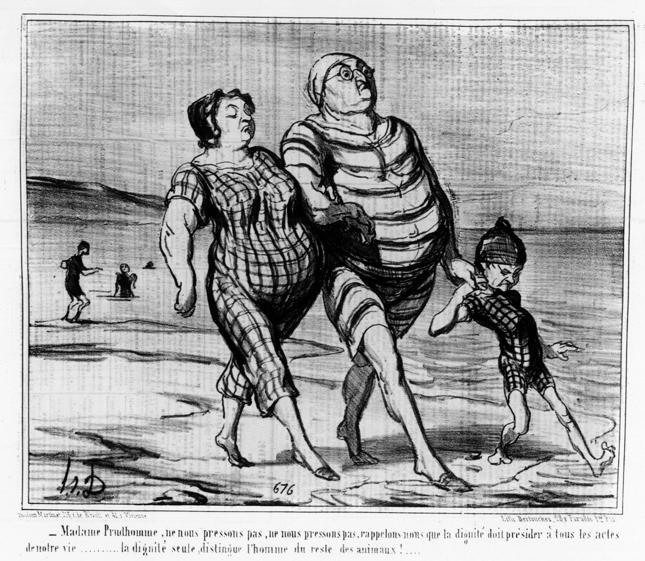 Vid havsbaden: Parisisk familj går på en strand - vid Daumier, i "" Charivari"" av Honoré Daumier