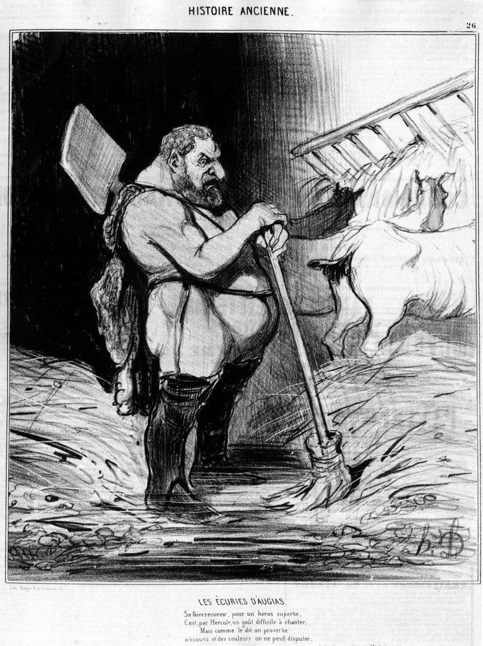 Augias stall. En man som ser ut som en dvärg i ett stall: ur "Ancient History", karikatyr av Honore Daumier. av Honoré Daumier