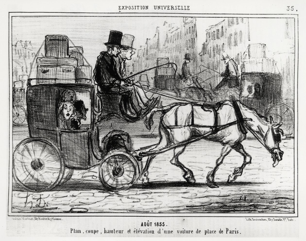 Augusti 1855, universell utställning: plan, skärning, höjd och höjd av en Parisbil. Illustration av Honore Daumier (1808-1879), publicerad i nyheterna, "" Charivari", daterad 4 september av Honoré Daumier