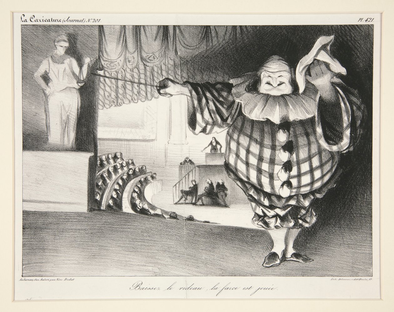 Baissez le rideau, la farce est jou?e. (Sänk gardinen, farsen är över.), pl. 421 från tidskriften La Caricature nr. 201 av Honoré Daumier