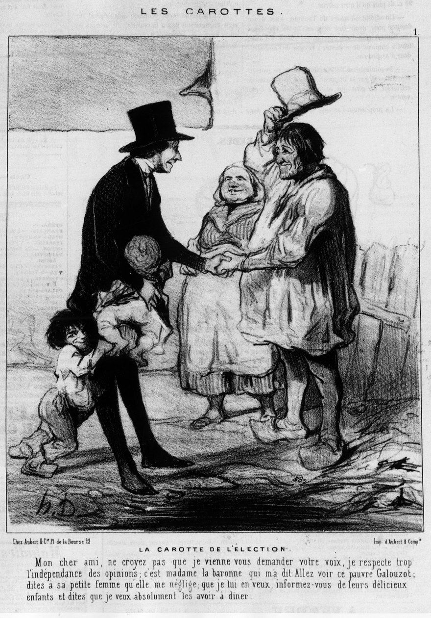 Kandidat för valbesök i en bondefamilj: "Valets morot" - teckning av Daumier, i Charivari 21/03/1844. av Honoré Daumier