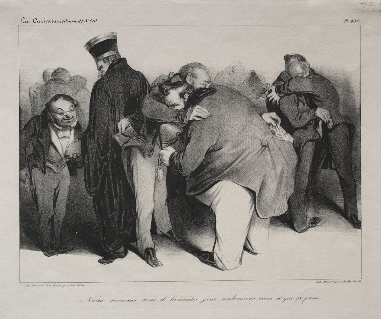 Karikatyr, skylt 439: Vi är alla ärliga män, så låt oss omfamna och bli klara med det av Honoré Daumier