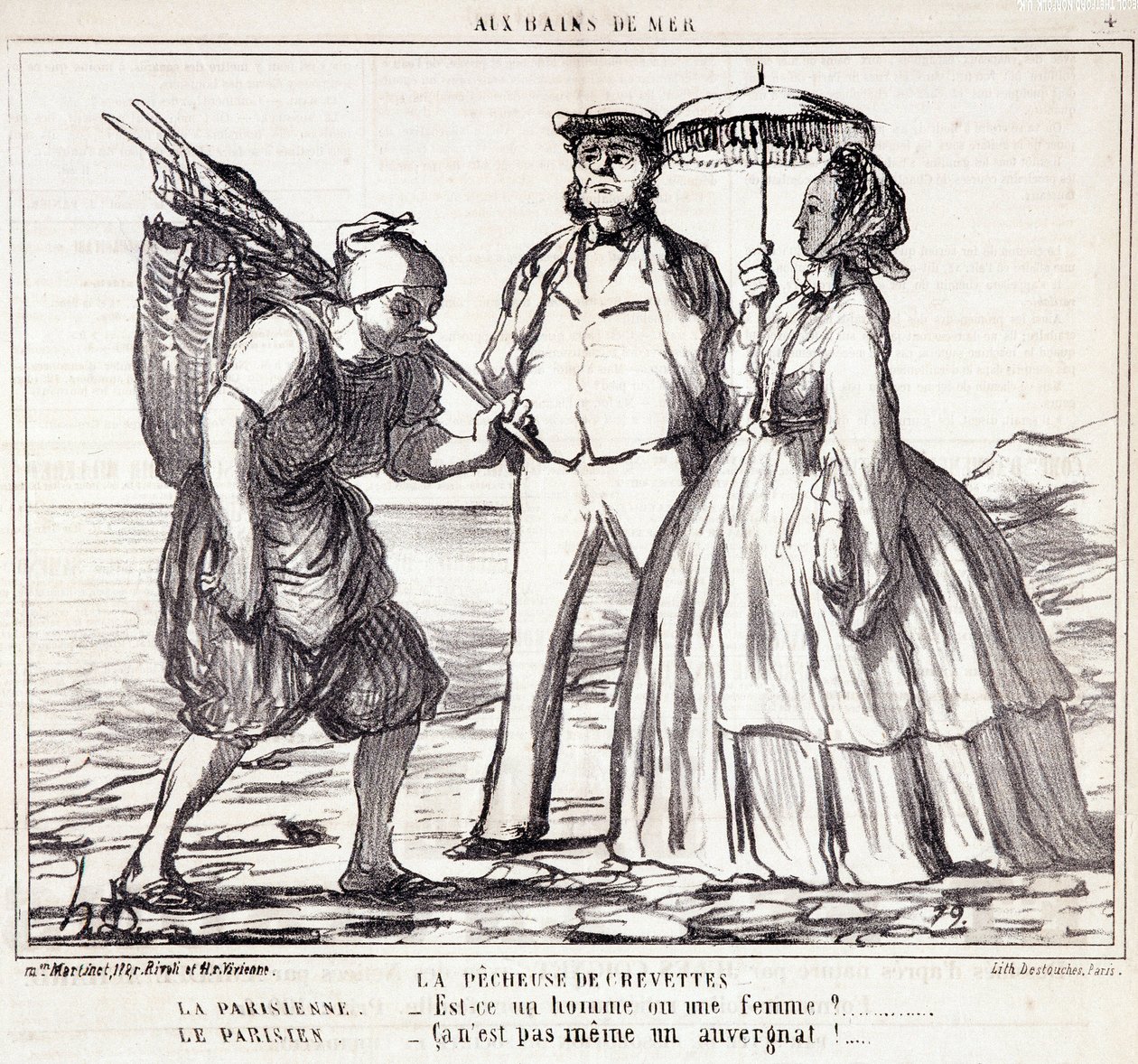 Tecknad film om parisiska turister på semester. Serien "" Axe Bains de Mer"": "" Räkfisket..." Gravyr av Honore DAUMIER (1808-1879). Utdrag ur tidningen "" Le Charivari"" den 5 september av Honoré Daumier