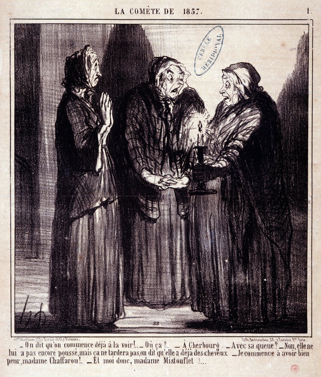 Tecknad film om vetenskap. Serie Sur “” the Comete of 1857””: “” De säger att vi redan börjar se henne!...”” Gravyr av Honore DAUMIER (1808-1879). Utdrag ur tidningen "" Le Charivari"" den 7 mars av Honoré Daumier