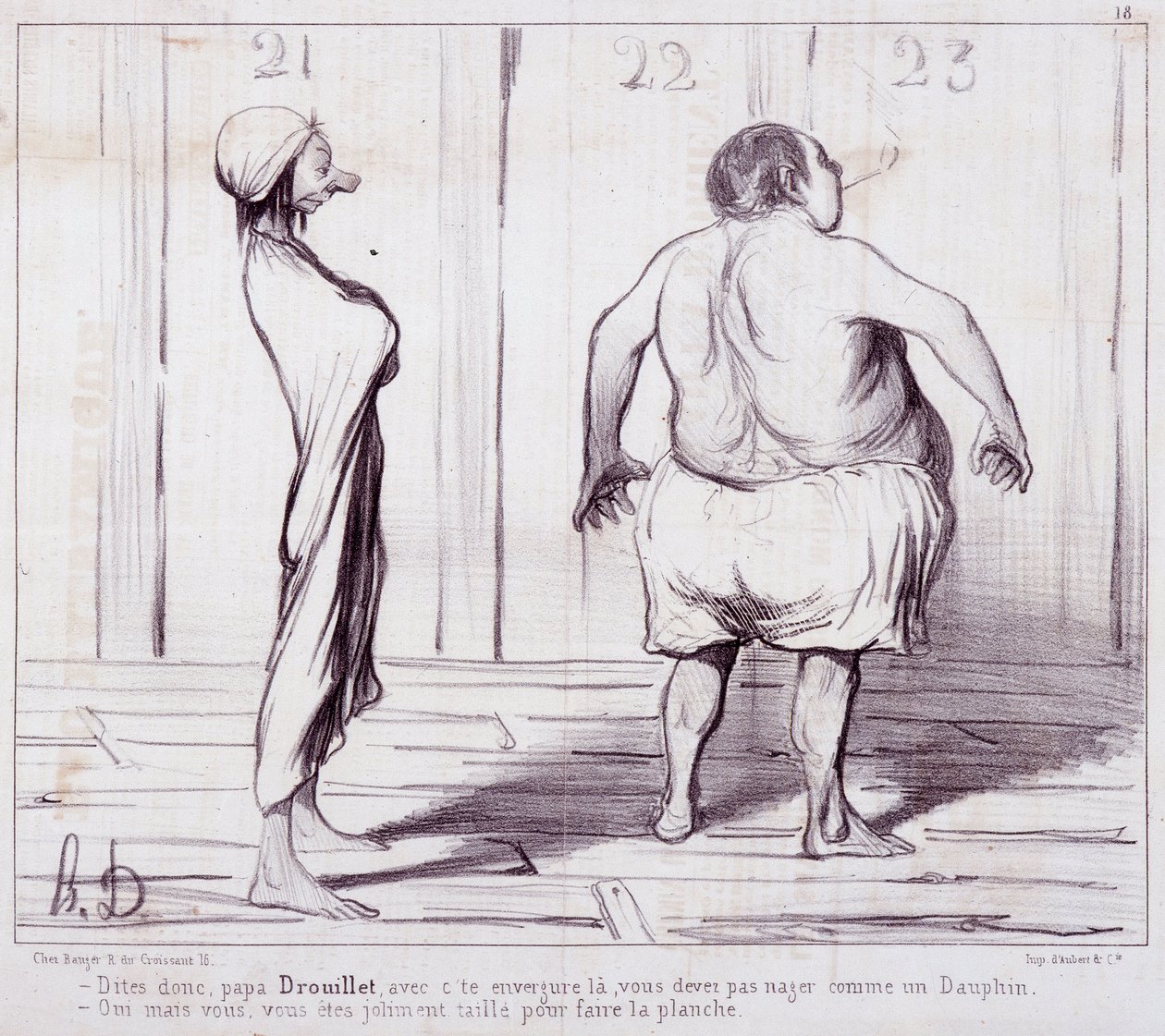 Tecknad film om utseende. Serie "" The Bathers"": Säg till pappa Drouillet..."" Gravyr av Honore DAUMIER (1808-1879). Utdrag ur tidningen "" Le Charivari"". Mått 25x36cm. box 12 Marseille, Musee des Beaux-Arts, Palais Longchamps, Collection Arts Graphi av Honoré Daumier