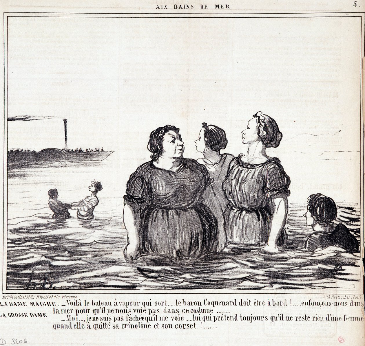 Tecknad film om utseende och mode. Serien "" Les Bains de Mer"": "" Den magra damen (...), den tjocka damen (...)" Gravyr av Honore DAUMIER (1808-1879). Utdrag ur tidningen "" Le Charivari"" den 16 september av Honoré Daumier