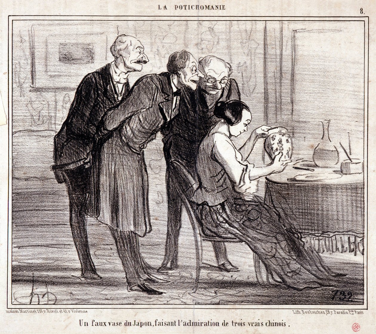 Tecknad film om konstsamlare. Serien "" Potichomania"": "" En falsk vas från Japan som beundrar tre kineser." Gravyr av Honore DAUMIER (1808-1879). Utdrag ur tidningen "" Le Charivari"" av Honoré Daumier
