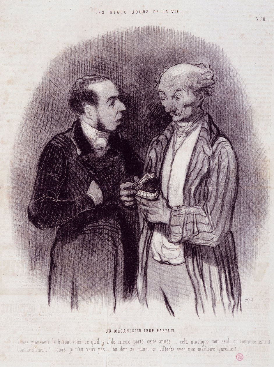 Tecknad film om tandkirurger. Serien "" The Beautiful Days of Life"": En mekaniker för perfekt..."". Gravyr av Honore DAUMIER (1808-1879). Utdrag ur tidningen "" Le Charivari"" 22 september av Honoré Daumier