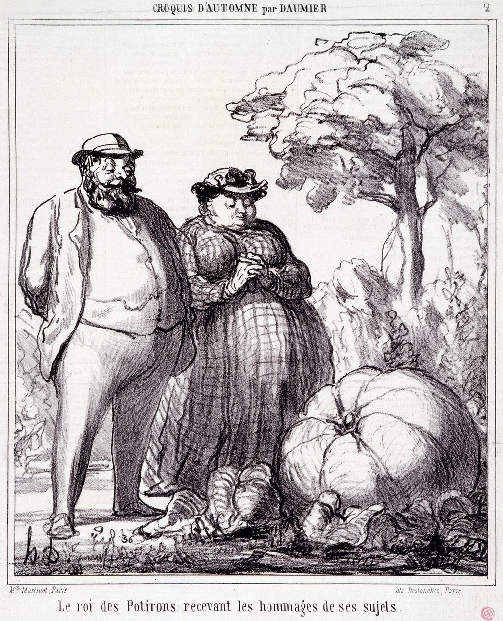 Tecknad film om trädgårdsarbete. Serie "" Autumn Sketch"": "" The King of Pumpkins tar emot hyllningar från sina undersåtar"". Gravyr av Honore DAUMIER (1808-1879). Utdrag ur tidningen "" Le Charivari"" den 23 september av Honoré Daumier