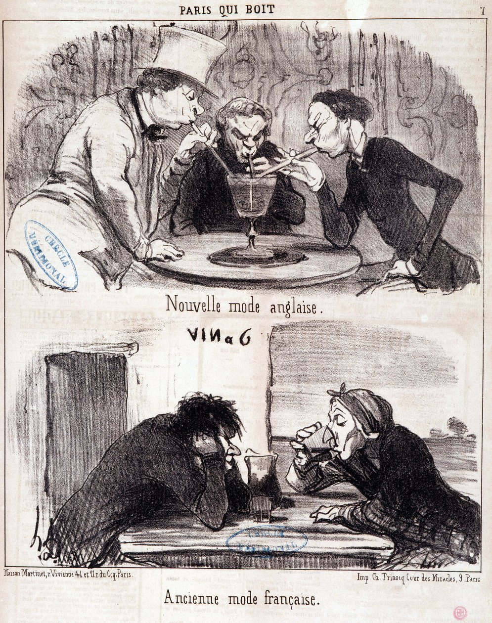 Tecknad film om gastronomiska övergrepp. Serien "Paris qui drinks": nytt engelskt mode och gammalt franskt mode. Gravyr av Honore DAUMIER (1808-1879). Utdrag ur tidningen “” Le Charivari”” 23 juni 1852 Dim 37x26 cm Inv D 2312 - kartong 24 N¡7. Marseille, M av Honoré Daumier