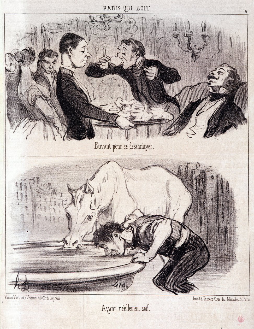 Tecknad film om gastronomiska övergrepp. Serie Paris dricker: "" Dricker för att bli uttråkad. Riktigt törstig." Gravyr av Honore DAUMIER (1808-1879). Utdrag ur tidningen “” Le Charivari”” 16 juni 1852 Dim 37x26cm Inv D 2310 - kartong 24 N¡5. Marseille, Mu av Honoré Daumier