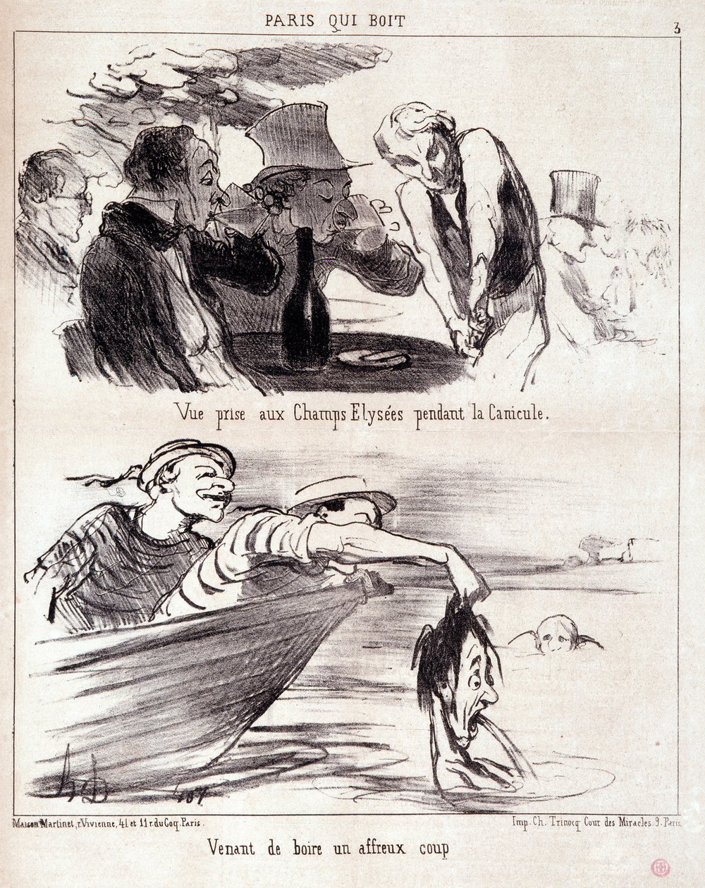 Tecknad film om gastronomiska övergrepp. Serie "Paris qui boire": "vy från Champs Elysees under värmeböljan. Har just druckit en fruktansvärd smäll." Gravyr av Honore DAUMIER (1808-1879). Utdrag ur tidningen "Le Charivari" den 5 juni. av Honoré Daumier