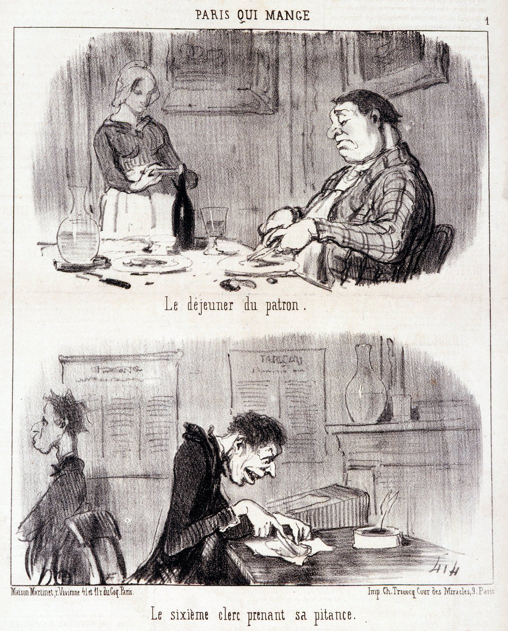 Tecknad film om gastronomiska övergrepp. Serie "" Paris qui mange"": Chefens frukost. Den sjätte tjänstemannen tar sin synd. Gravyr av Honore DAUMIER (1808-1879). Utdrag ur tidningen "" Le Charivari"" den 26 juni av Honoré Daumier