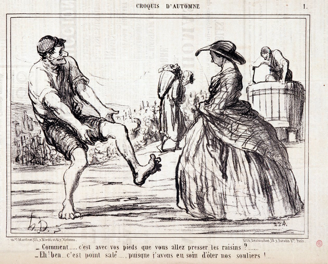 Tecknad film om skördare som trampar på barfota druvor. Serie “” Autumn Sketch””: “” Hur... ska du pressa druvorna med fötterna? ...” Gravyr av Honore DAUMIER (1808-1879). Utdrag ur tidningen "" Le Charivari"" av Honoré Daumier