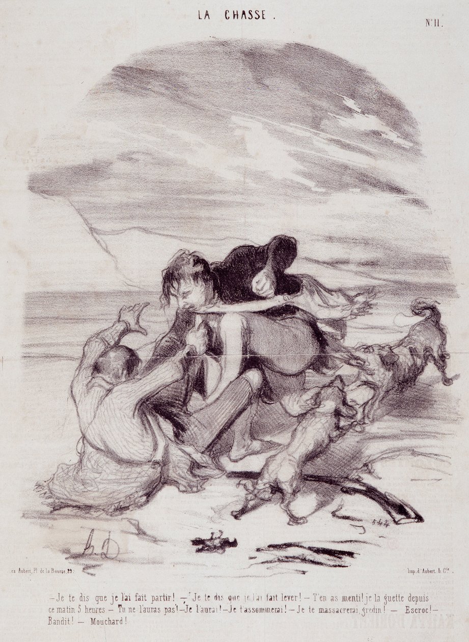 Tecknad film om jägare. Serien "" The Beautiful Days of Life - The Hunting"": "" Jag säger dig att jag fick honom att lämna..."" Gravyr av Honore DAUMIER (1808-1879). Utdrag ur tidningen "" Le Charivari"" den 10 januari av Honoré Daumier