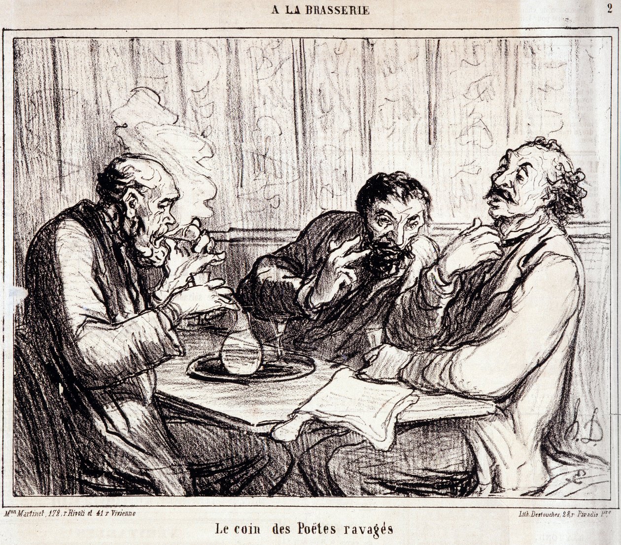 Tecknad film om diktförfattare. Serien "" A la brasserie"": "" De härjade poeternas hörn""". Gravyr av Honore DAUMIER (1808-1879). Utdrag ur tidningen "" Le Charivari"" 7 januari av Honoré Daumier