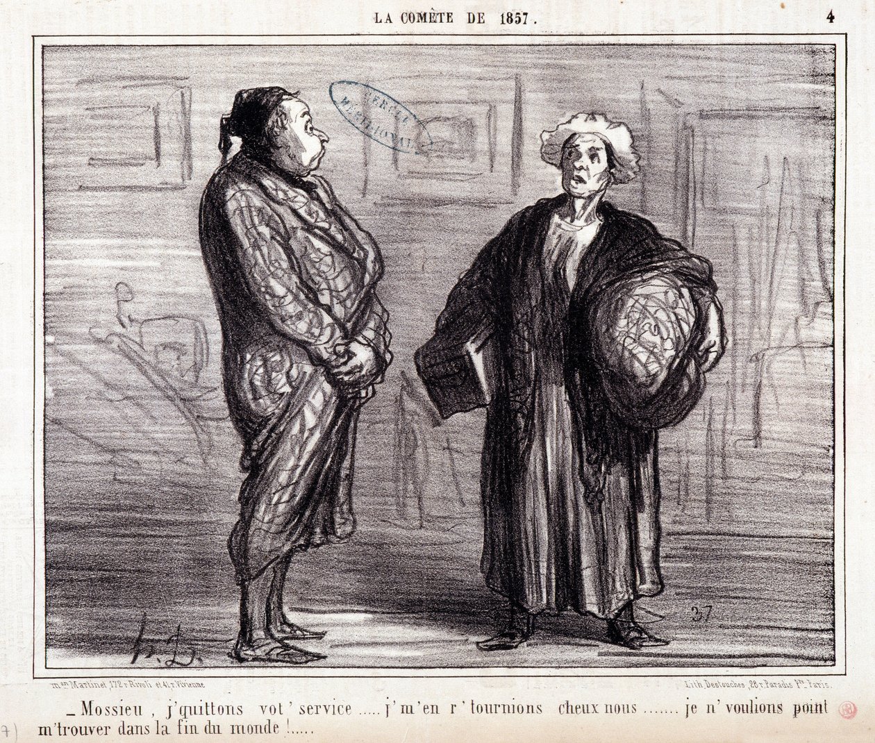 Tecknad film om vetenskap. Serie "" On the Comete of 1857"": "" Mossieu, jag lämnar din tjänst..."" Gravyr av Honore DAUMIER (1808-1879). Utdrag ur tidningen "" Le Charivari"" den 13 mars av Honoré Daumier