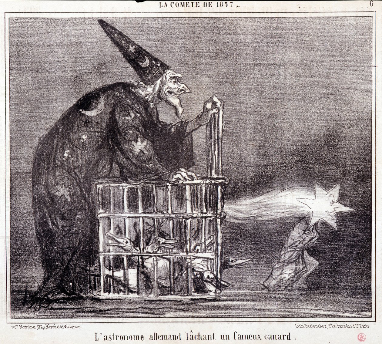 Tecknad film om vetenskap. Serie Sur "" kometen från 1857"": "" Den tyska astronomen lämnar en berömd anka""". Gravyr av Honore DAUMIER (1808-1879). Utdrag ur tidningen "" Le Charivari"" 2 mars av Honoré Daumier