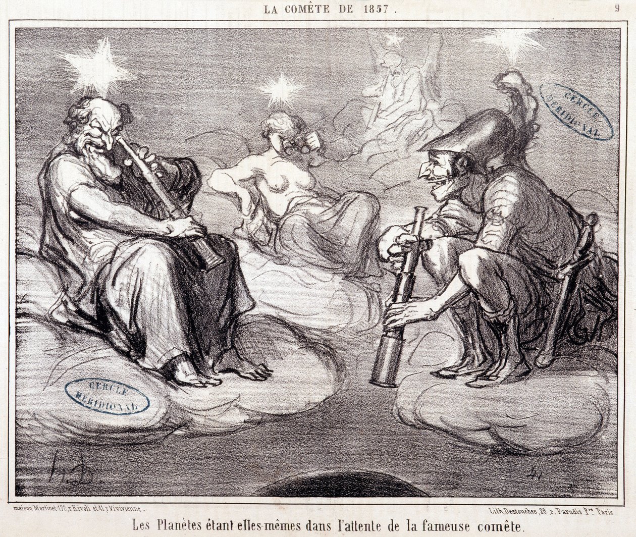 Tecknad film om vetenskap. Serie Sur "" kometen från 1857"": "" Planeterna själva väntar på den berömda kometen""". Gravyr av Honore DAUMIER (1808-1879), 25 mars av Honoré Daumier