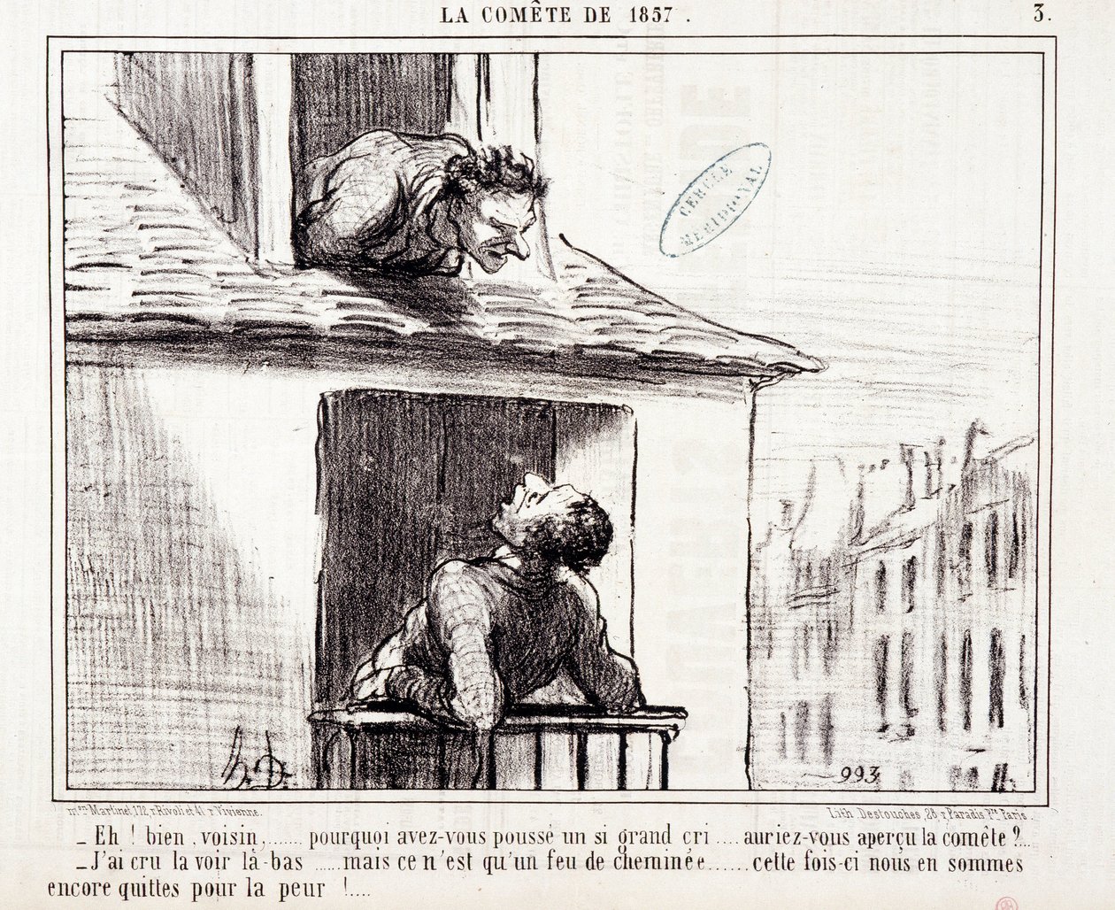 Tecknad film om vetenskap. Serie Sur “” the Comete of 1857””: “” Nåväl granne... varför gjorde du ett så stort rop...”” Gravyr av Honore DAUMIER (1808-1879). Utdrag ur tidningen "" Le Charivari"" den 11 mars av Honoré Daumier