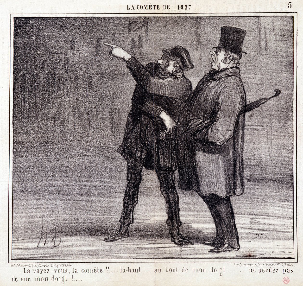 Tecknad film om vetenskap. Serie om "" kometen 1857": "" Ser du kommittén?..." En tjuv avleder sitt offers uppmärksamhet. Gravyr av Honore DAUMIER (1808-1879). Utdrag ur tidningen "" Le Charivari"" 19 mars av Honoré Daumier