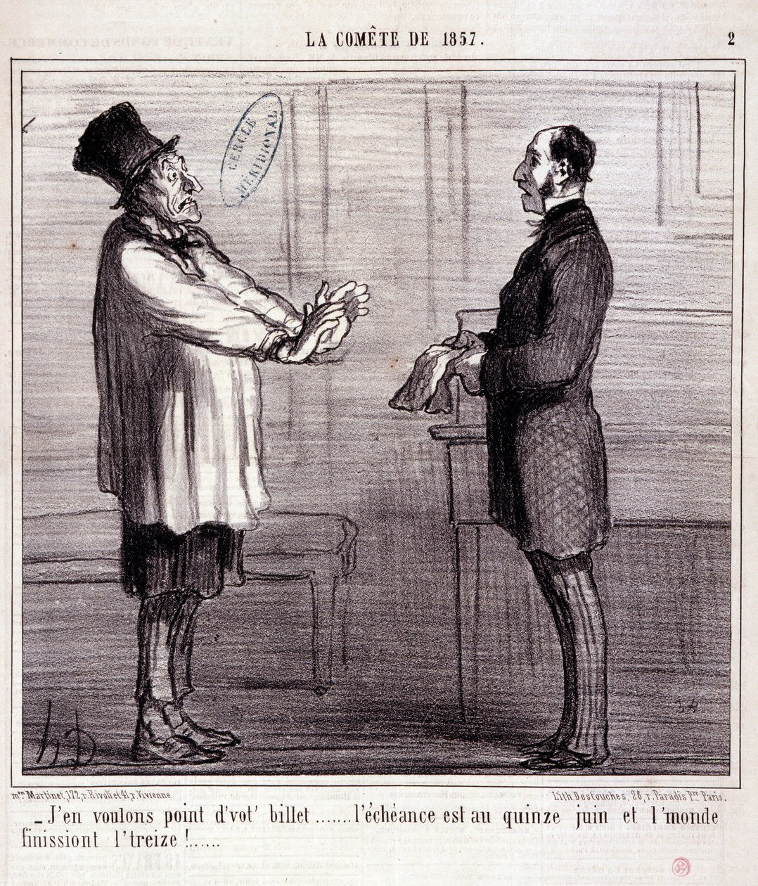 Tecknad film om vetenskap. Serie om "" the Comete of 1857"": I want no ticket..." Gravyr av Honore DAUMIER (1808-1879). Utdrag ur tidningen "" Le Charivari"" 4 mars av Honoré Daumier