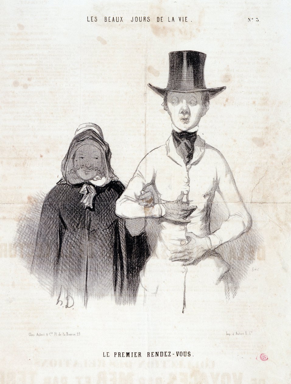 Tecknad film om paret: Serie "" The Beautiful Days of Life"": "The first date"". Gravyr av Honore DAUMIER (1808-1879). Utdrag ur tidningen "" Le Charivari"", 2-3 januari av Honoré Daumier