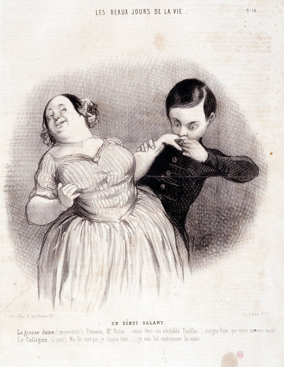 Tecknad film om paret. Serien "" The Beautiful Days of Life"": "" En galant början..."" Gravyr av Honore DAUMIER (1808-1879). Utdrag ur tidningen "" Le Charivari"" den 10 juli av Honoré Daumier