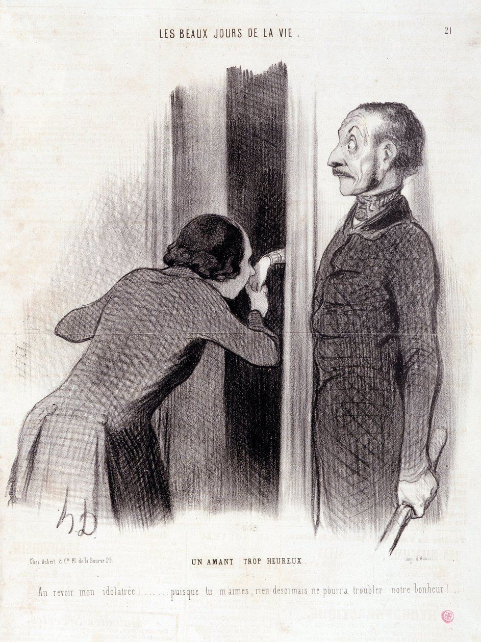Tecknad film om paret. Serien "" The Beautiful Days of Life"": "" En älskare för glad..." Gravyr av Honore DAUMIER (1808-1879). Utdrag ur tidningen "" Le Charivari"" den 1 september av Honoré Daumier