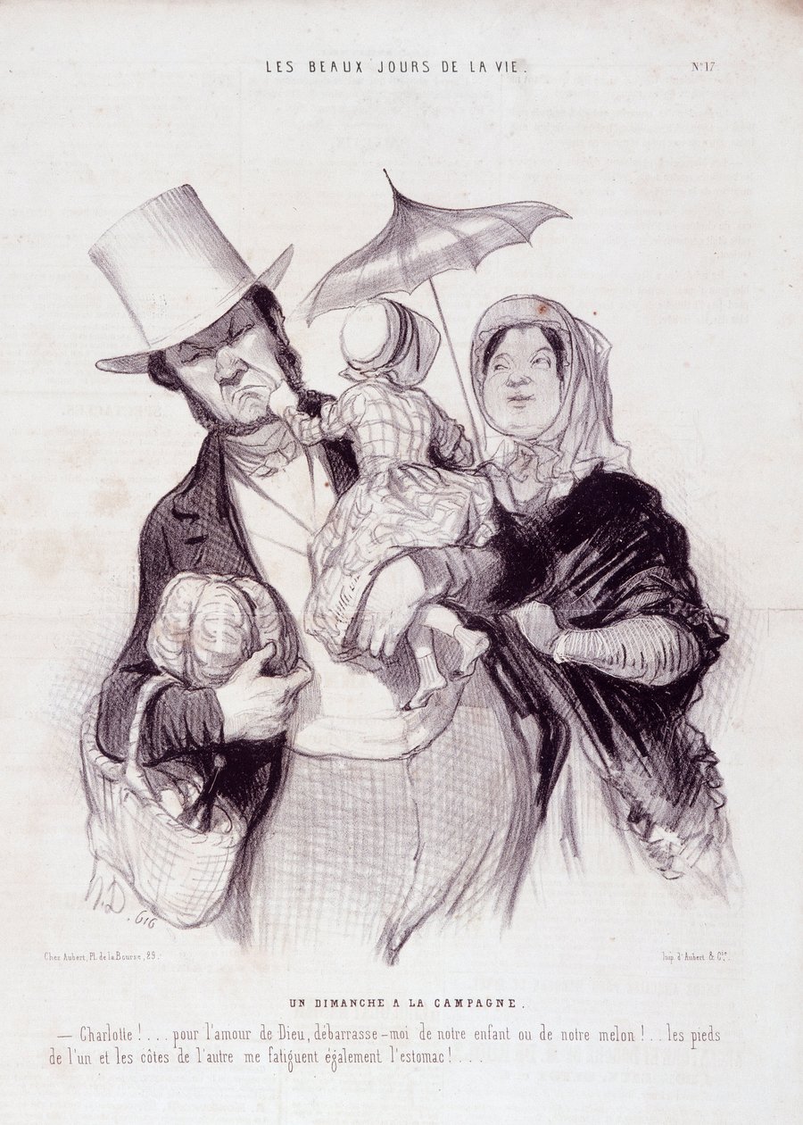 Tecknad film om familjen. Serien "" The Beautiful Days of Life"": En söndag på landsbygden..." Gravyr av Honore DAUMIER (1808-1879). Utdrag ur tidningen "" Le Charivari"" den 21 juli av Honoré Daumier