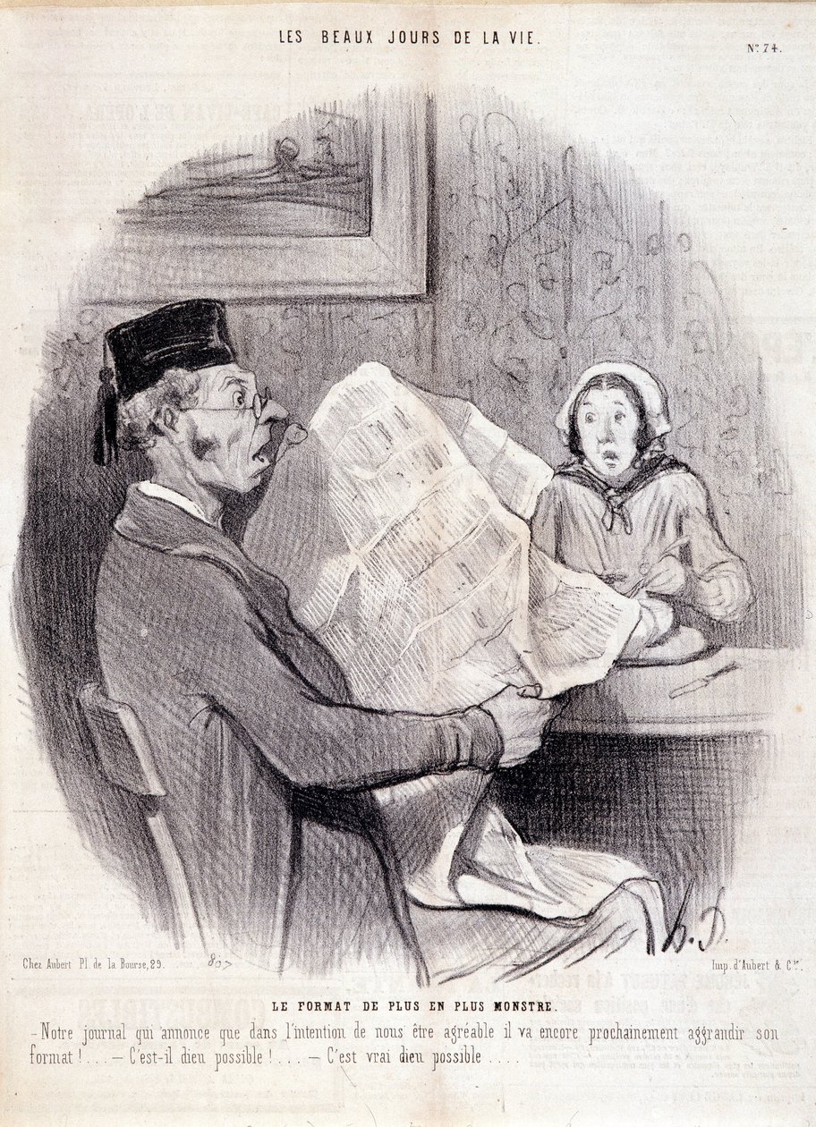 Tecknad film om pressen. Serien "" The Beautiful Days of Life"": "" Det alltmer monsterformatet..."". Gravyr av Honore DAUMIER (1808-1879). Utdrag ur tidningen "" Le Charivari"" den 18 oktober av Honoré Daumier