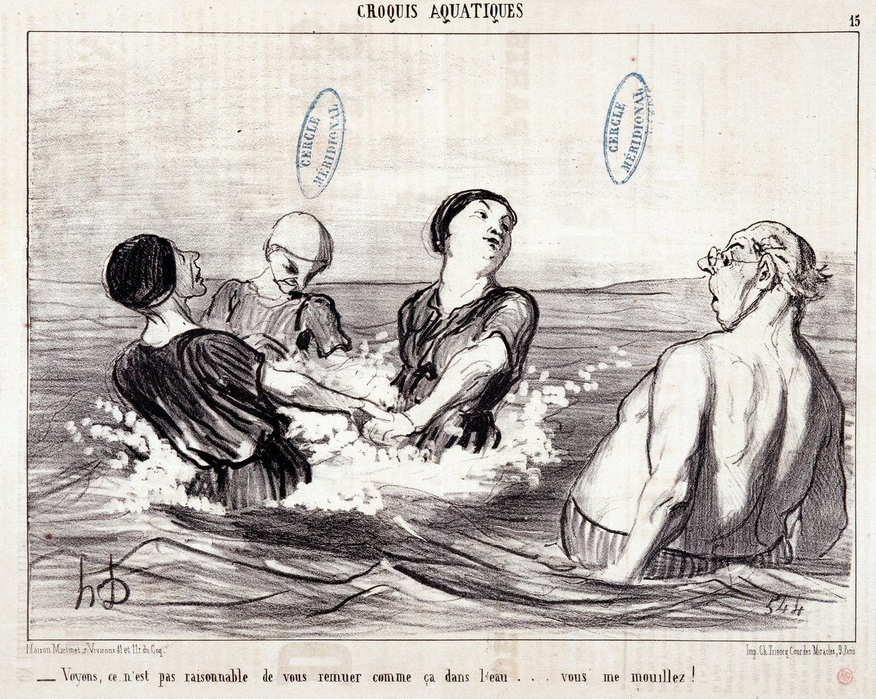 Tecknad film om turister på semester vid havet. Serien "" Les Bains de Mer"": "" Vattenskiss. Låt oss se att det inte är rimligt att röra om dig så i vattnet... du blöter mig!” Gravyr av Honore DAUMIER (1808-1879). Utdrag ur tidningen "" Le Chariv av Honoré Daumier