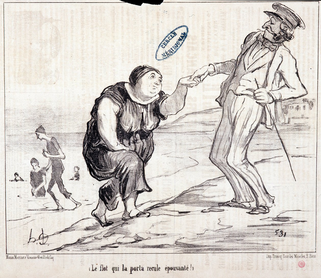 Tecknad film om turister på semester. Serie "" Axe Bains de Mer: "" Översvämningen som förde tillbaka den skrämmande! "" Gravyr av Honore DAUMIER (1808-1879). Utdrag ur tidningen "" Le Charivari"" av Honoré Daumier