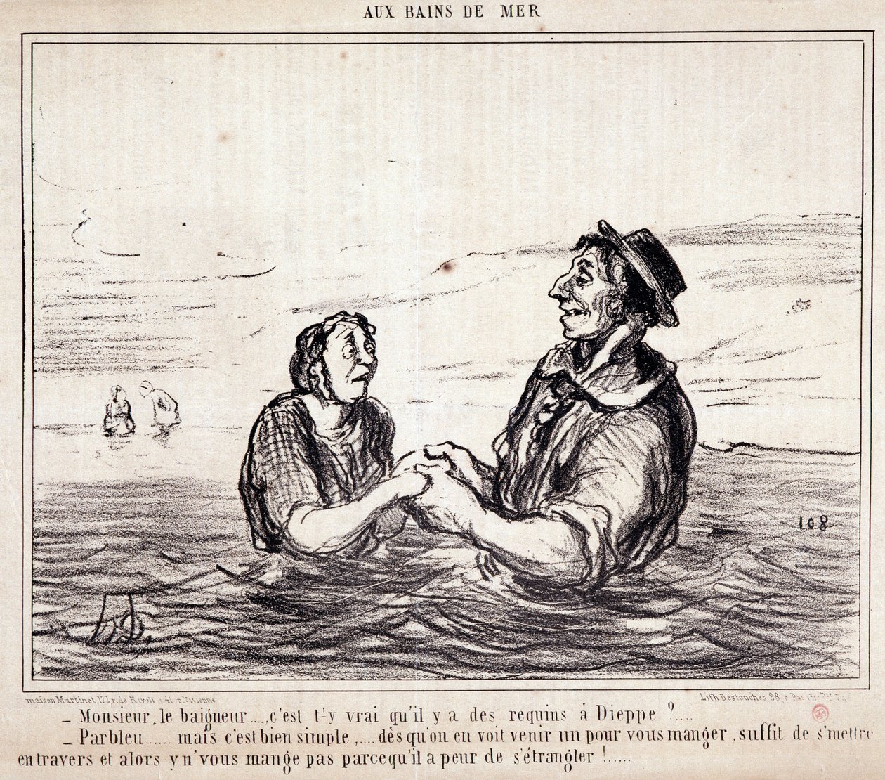 Tecknad film om turister på semester. Serie “” aux Bains de Mer””: “” Monsieur le bathneur... är det sant att det finns hajar i Dieppe?...” Gravyr av Honore DAUMIER (1808-1879). Utdrag ur tidningen "" Le Charivari"" den 8 juni av Honoré Daumier