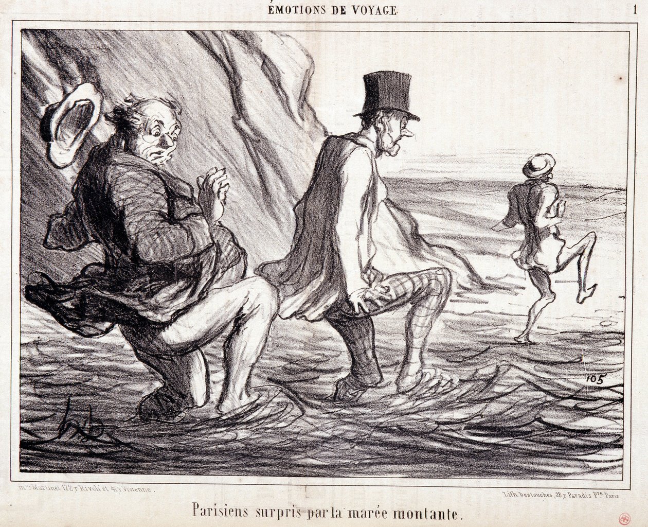 Tecknad film om turister på semester. Serien "" Axe Bains de Mer: "" Resekänslor. Pariser fångad av det stigande stoet””. Gravyr av Honore DAUMIER (1808-1879). Utdrag ur tidningen "" Le Charivari"" den 8 oktober av Honoré Daumier